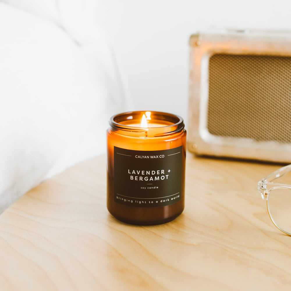 Gift-ready candle in amber jar with lavender scent
