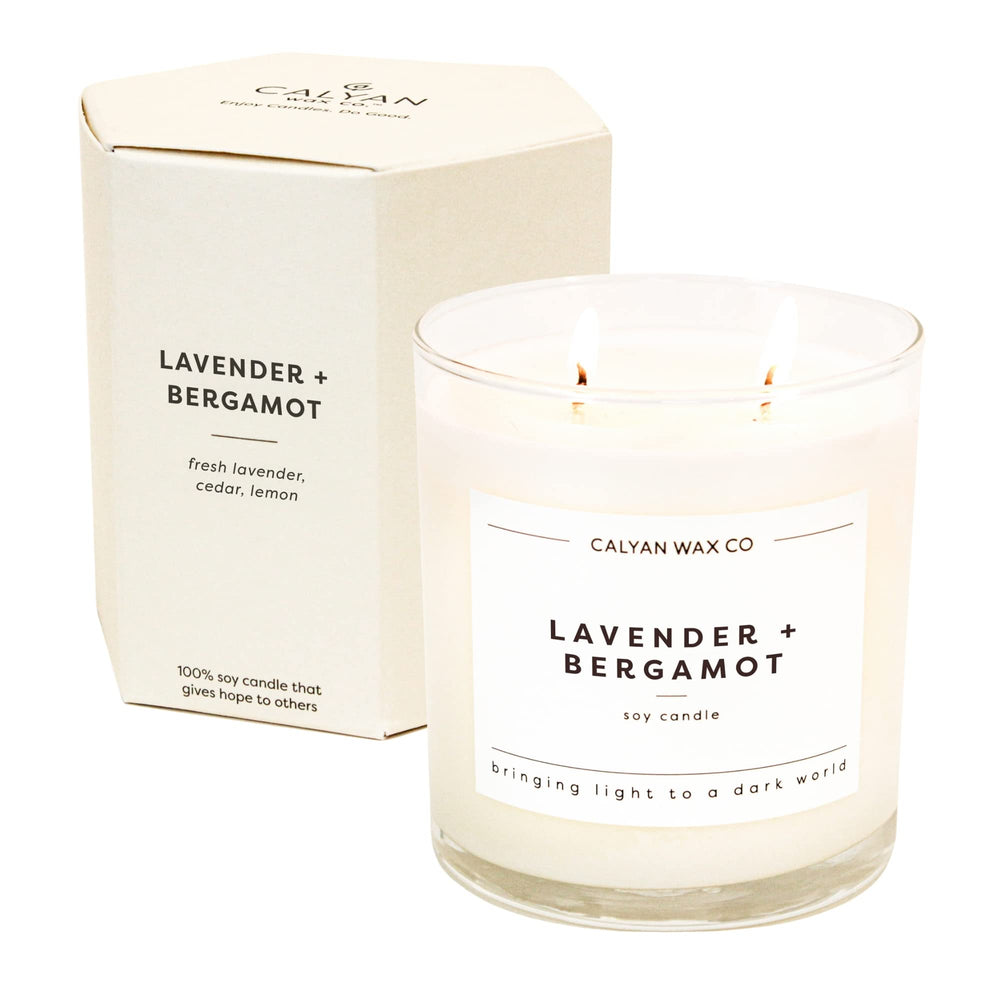 Front view of Calyan Wax Co Lavender & Bergamot 8.8oz 2-wick candle in glass jar
