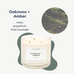 Oakmoss & Amber label close-up on candle