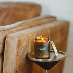 Packaging of Calyan Wax Co Rosewood and Amber candle