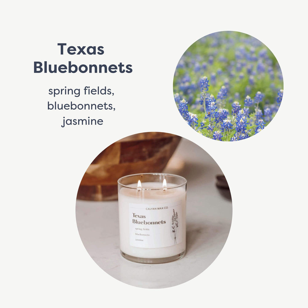 Close-up of the candle label featuring Texas Bluebonnets, jasmine and rose notes