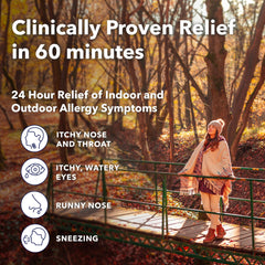 Camber Consumer Care Levocetirizine 5mg tablets on table beside tissues for indoor and outdoor relief.