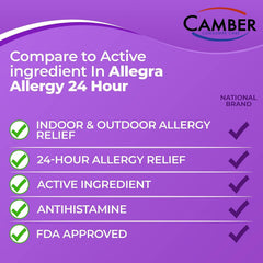 Camber Fexofenadine tablets outdoors scene highlighting allergy relief.