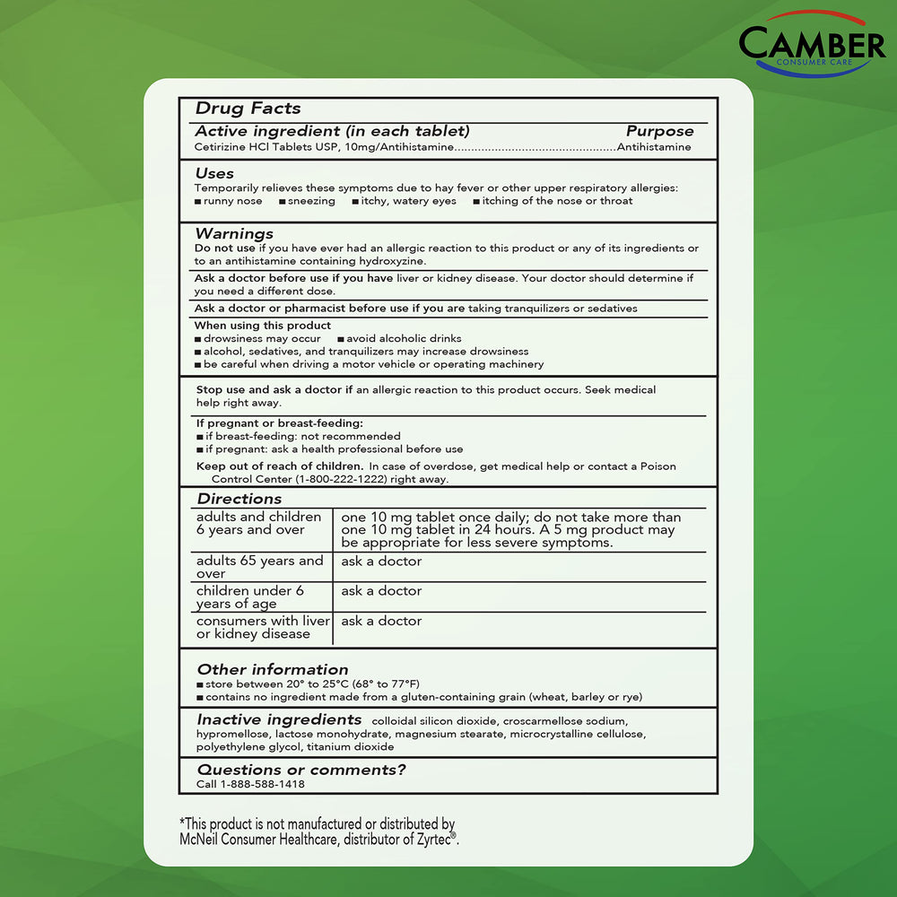 Camber cetirizine 10mg tablets in use show everyday allergy relief at home or outdoors.