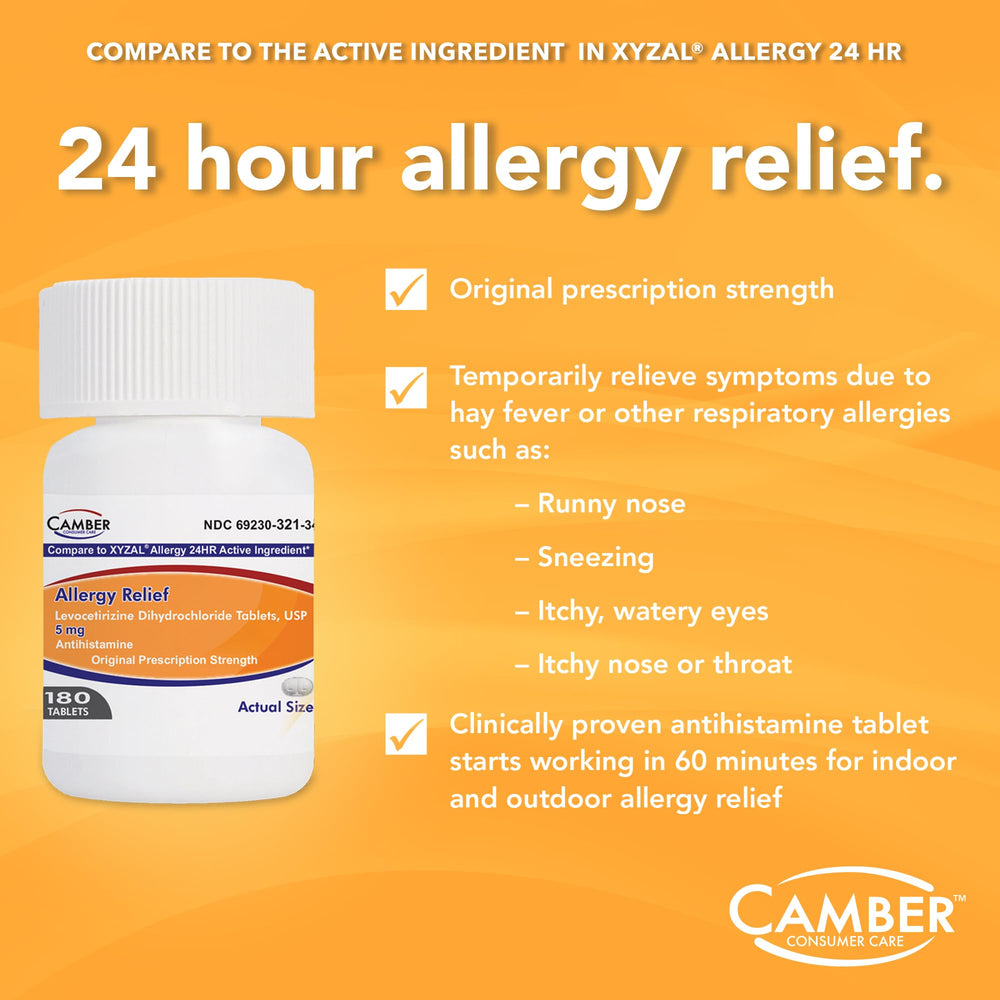 Camber Consumer Care levocetirizine for indoor outdoor use visual emphasizes versatile relief.