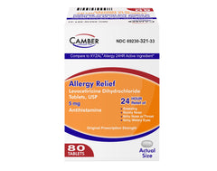 Camber Consumer Care levocetirizine tablets front view for all-day allergy relief.