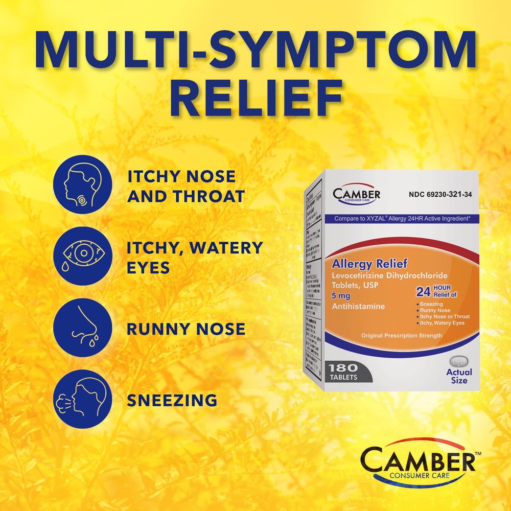 Camber Consumer Care levocetirizine packaging showing 80-count bottle for extended use.