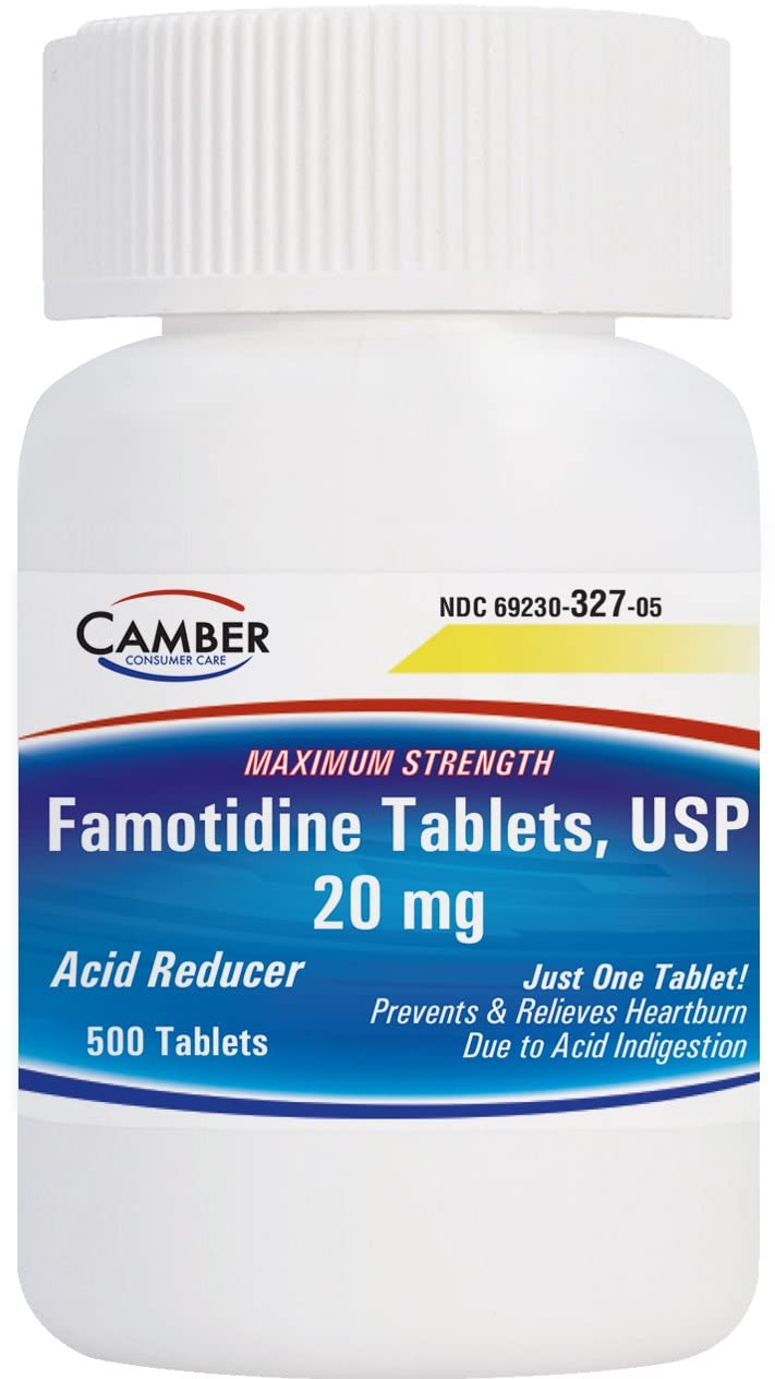 Camber Pharmaceuticals famotidine tablets 500ct pack front view for long-lasting heartburn support.