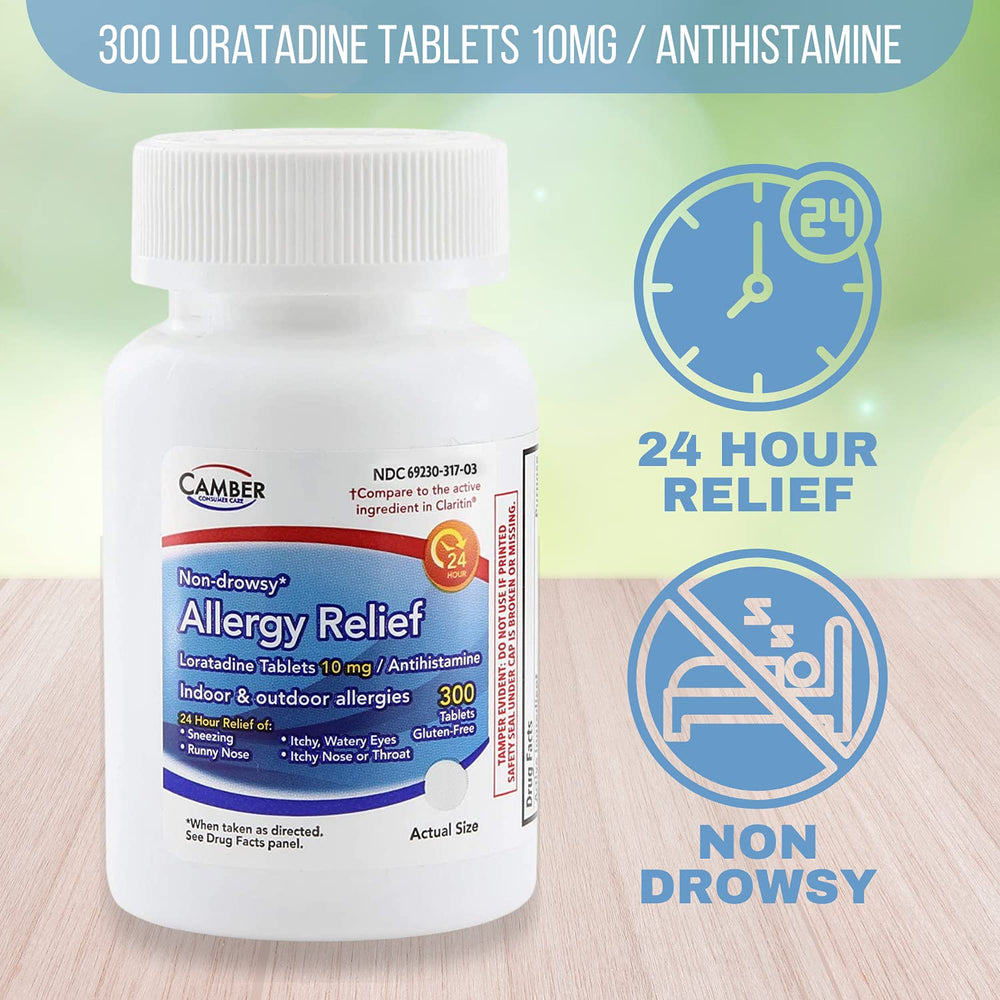Camber Loratadine 300-tablets packaging highlights gluten-free, non-drowsy relief.