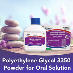 Camber PEG3350 powder dissolving in water for a ready-to-drink solution.