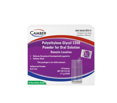 Camber Pharmaceuticals PEG 3350 powder sachets for gentle occasional relief.