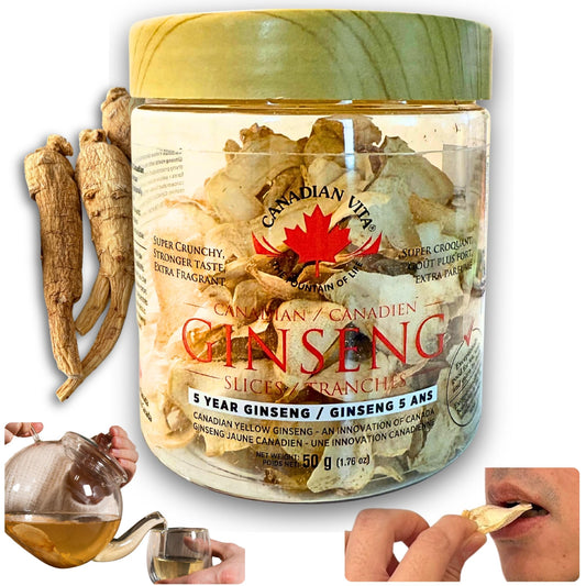 Golden dried Canadian ginseng root slices on white background