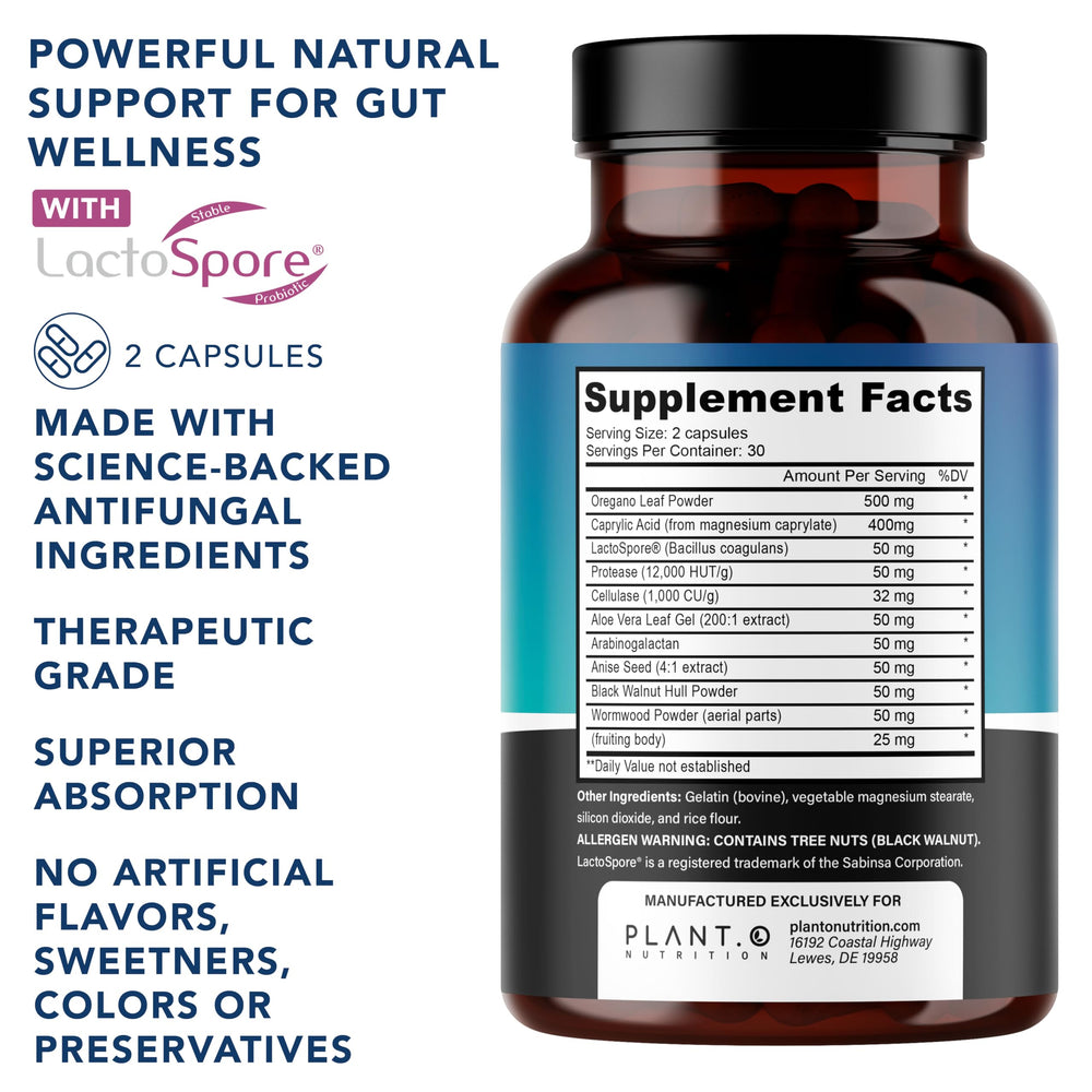 Candida complex ingredients including oregano, caprylic acid, and probiotics