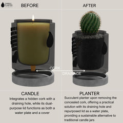 Concrete candle planter with built in drainage for succulents.