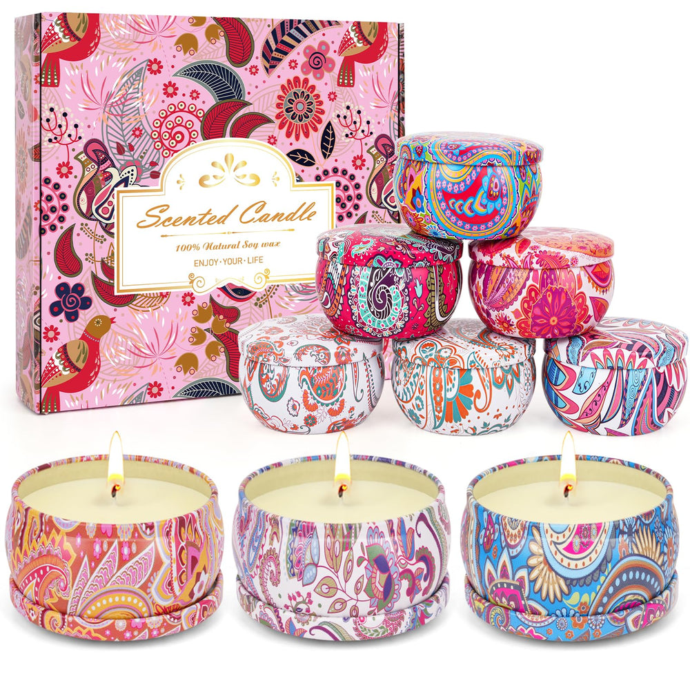 Nine-pack soy wax scented candles gift set with assorted tins