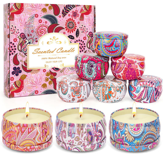 Nine-pack soy wax scented candles gift set with assorted tins