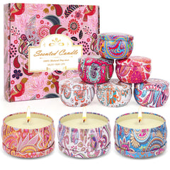 Nine-pack soy wax scented candles gift set with assorted tins