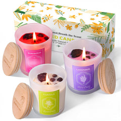 Three 5oz soy candles in lavender, vanilla, and rose scents arranged together.