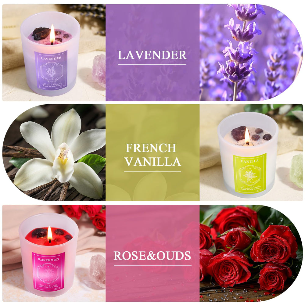 Close-up of lavender candle with clear glass jar.