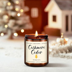 Premium soy wax long-burn candles in amber jars