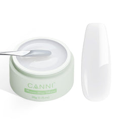CANNI Builder Gel milky white bottle provides a strong base for lasting nail overlays.