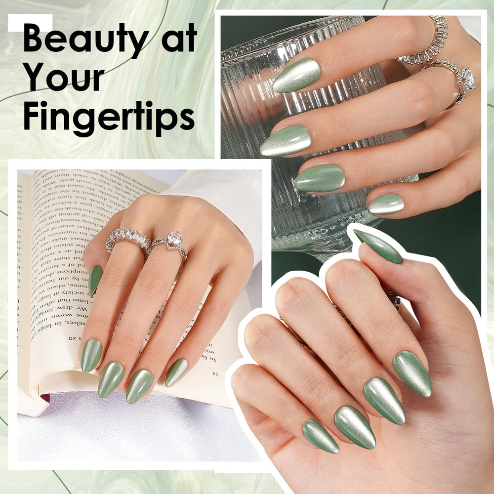 Canvalite cat eye nails short almond green ideal for weddings and parties