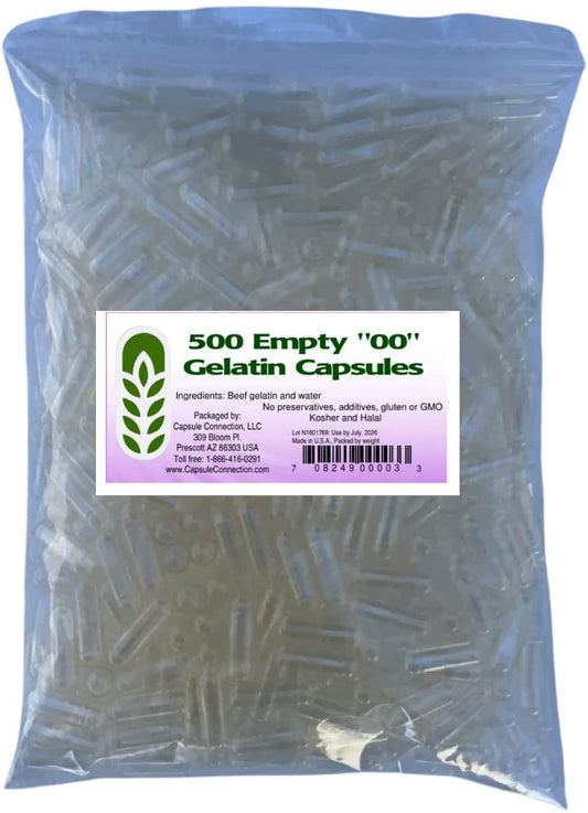 USA-made size 00 bulk gelatin capsules in resealable bag - front view
