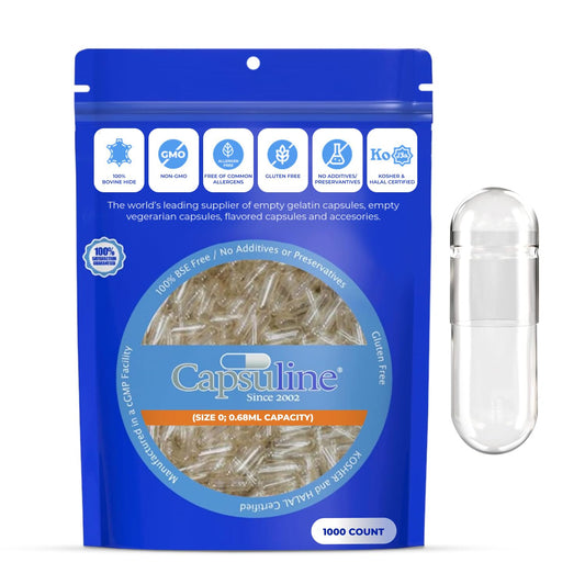 Capsuline size 0 empty gelatin capsules, clear, 1000-count