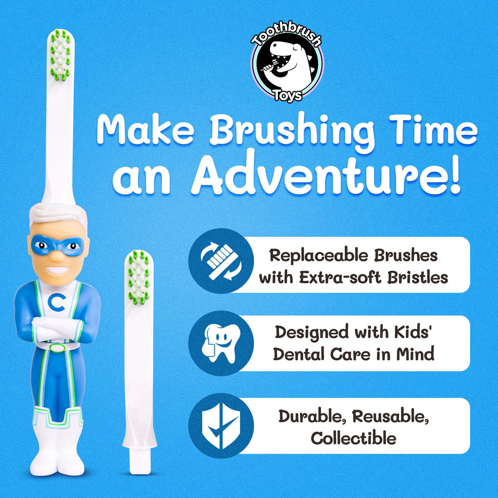 Ergonomic handle on Captain Cavity superhero toothbrush for kids