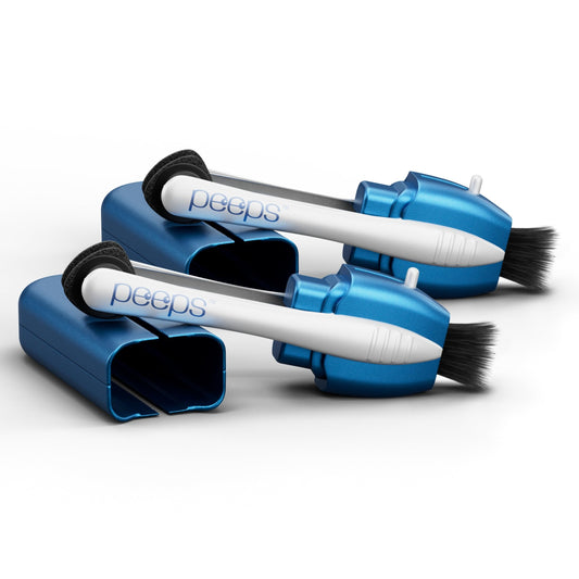 Front view of CarbonKlean Peeps Glasses Cleaner in soft touch blue