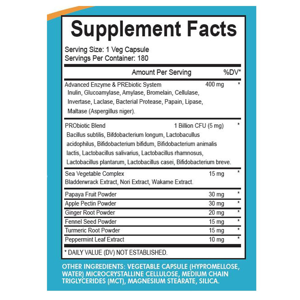Close-up of enzyme, probiotic, and prebiotic ingredients on label