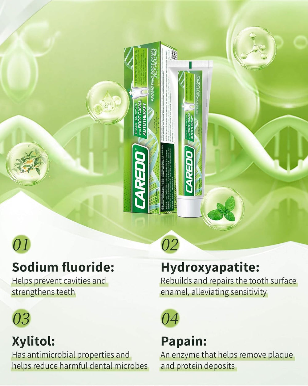 Close-up of Caredo toothpaste showcasing nano-hydroxyapatite formula