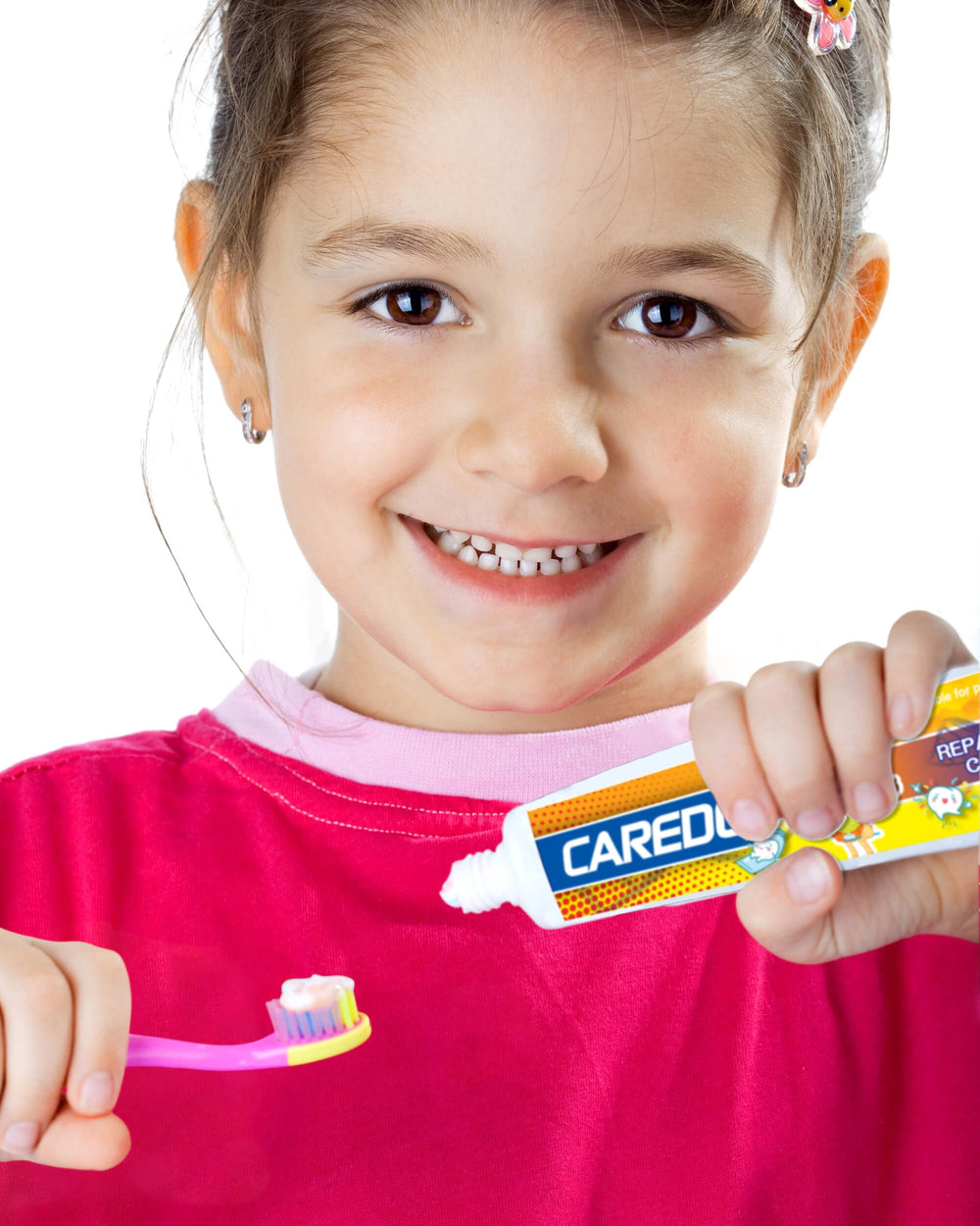 Close-up of toothpaste tubes designed for toddlers
