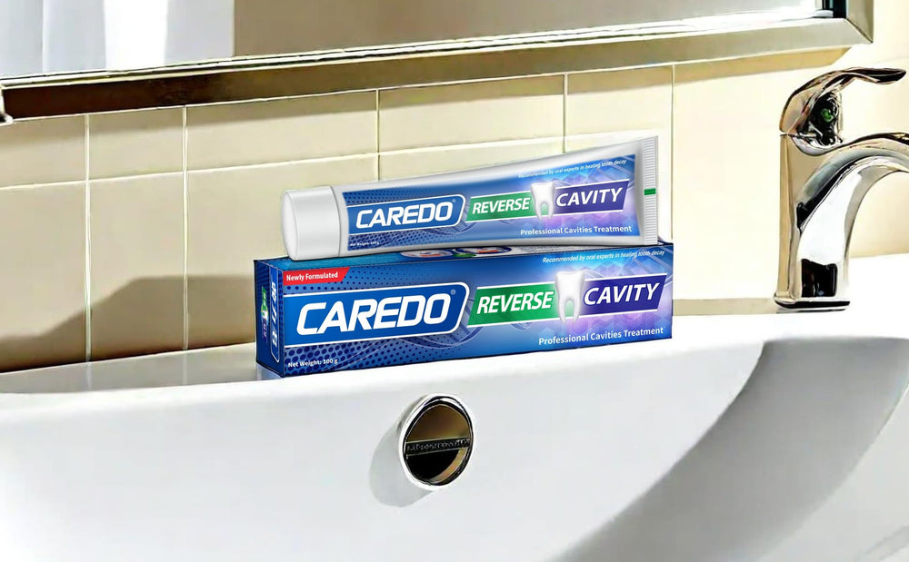 CAREDO 2-pack toothpaste display on shelf