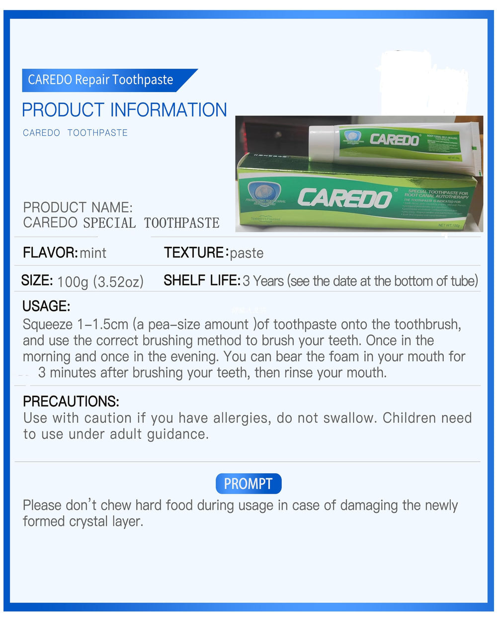 Smiling person with toothbrush and CAREDO toothpaste