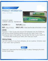 Smiling person with toothbrush and CAREDO toothpaste