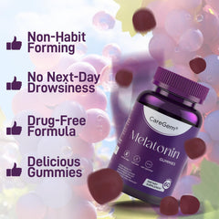 Illustration of ingredients: melatonin, Ashwagandha, Valerian Root, L-Theanine