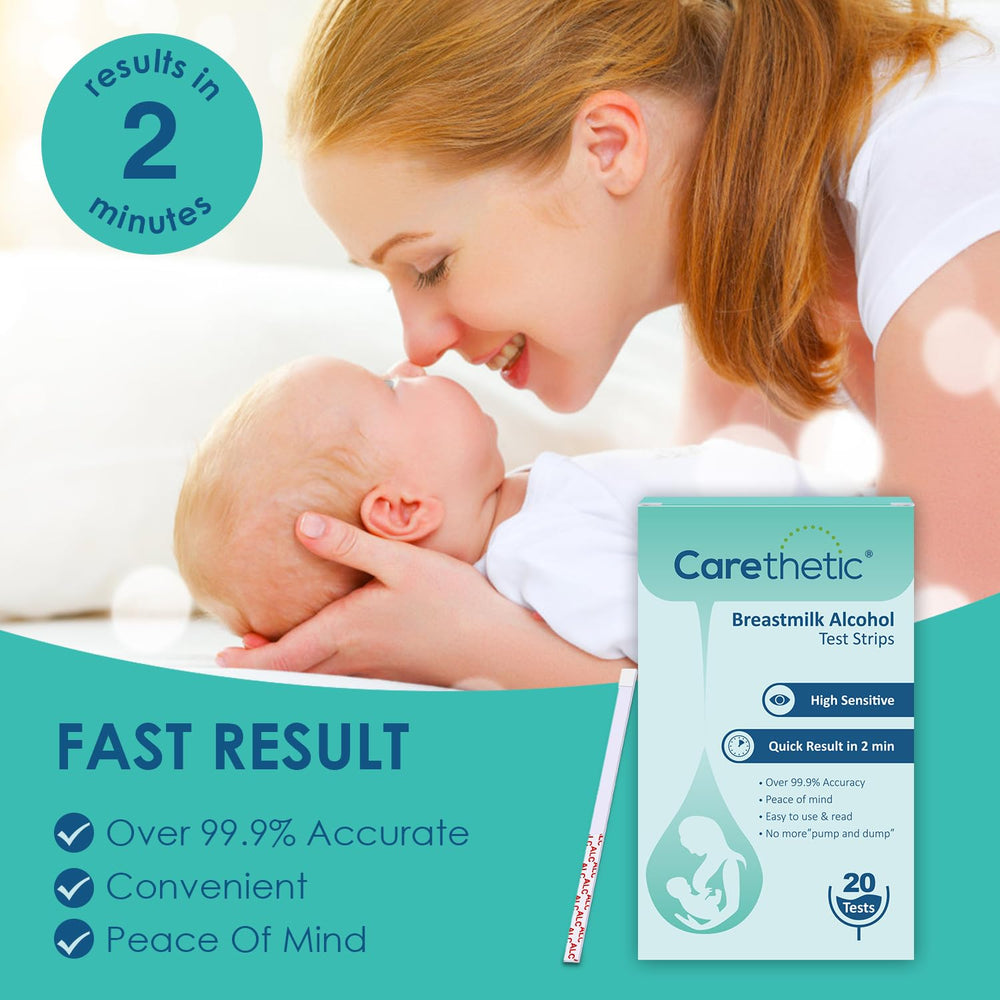 Close-up of Carethetic test strip dipped into breast milk