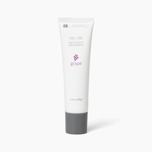 CariFree Gel 1100 grape toothpaste tube on white background