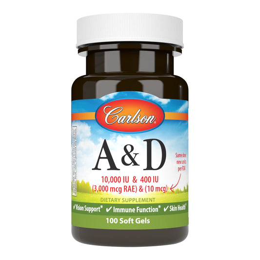 Bottle of Carlson A&D Vitamin A & D3 soft gels for vision support