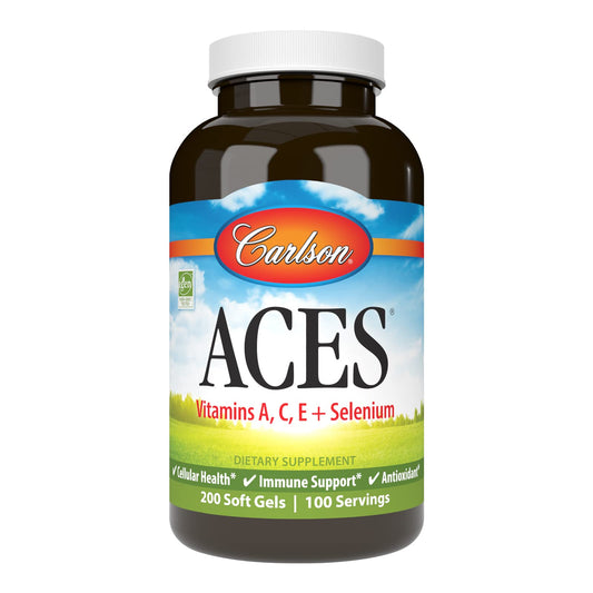 Carlson ACES bottle displaying vitamins A, C, E and selenium