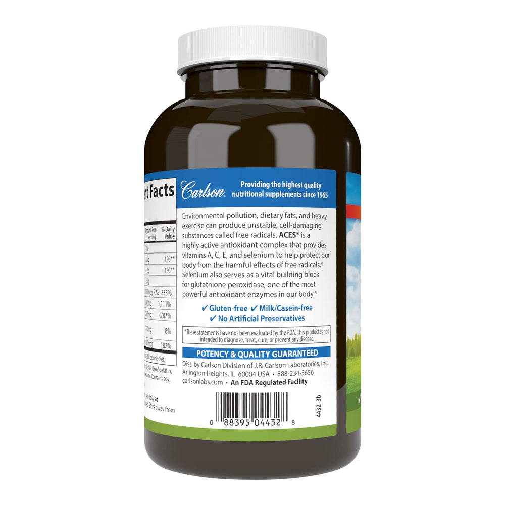200 softgels in a Carlson ACES bottle with label