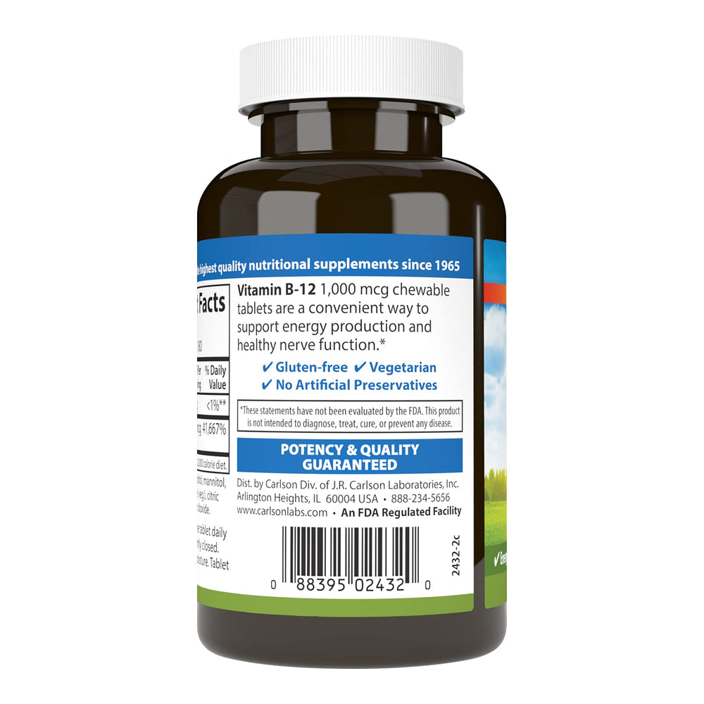 Lemon flavored Carlson B-12 chewable tablets