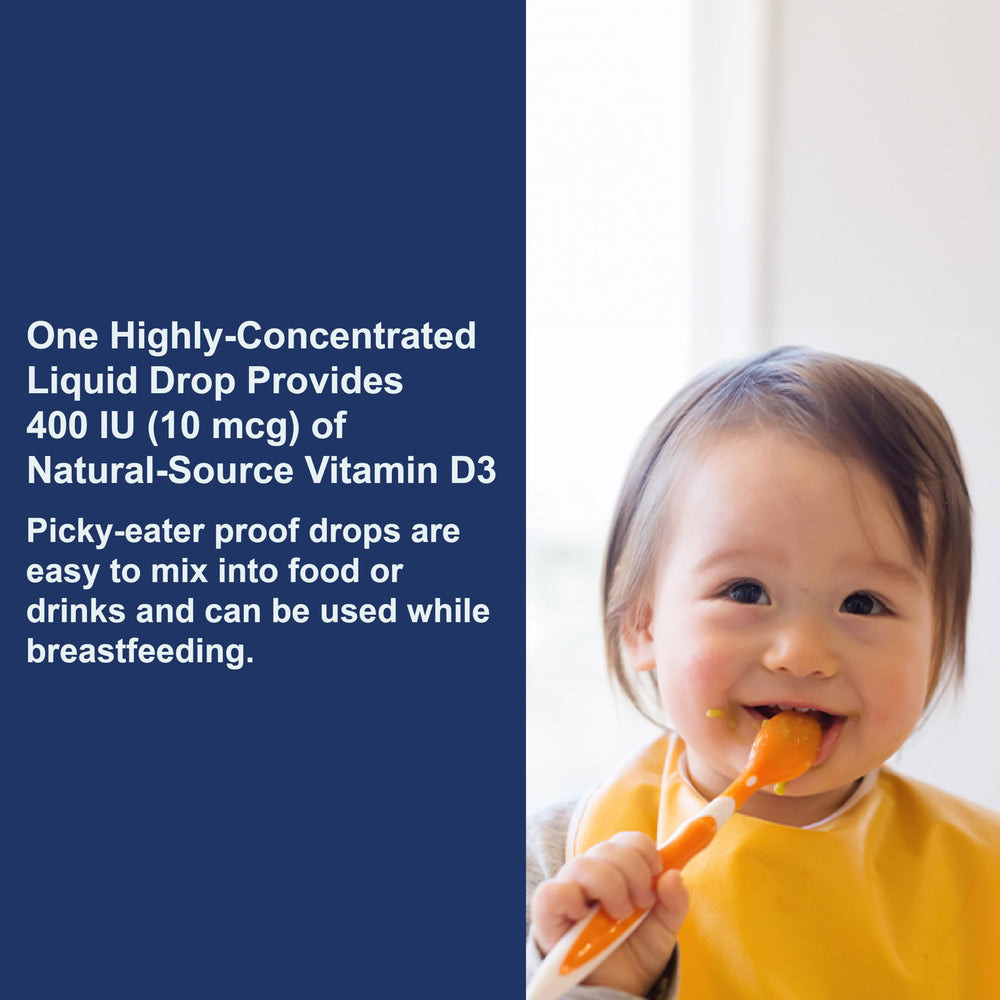 Close-up of Carlson Baby D3 bottle label with 365 drops