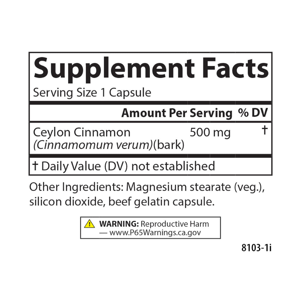 Nutritional facts panel for Carlson Ceylon Cinnamon capsules