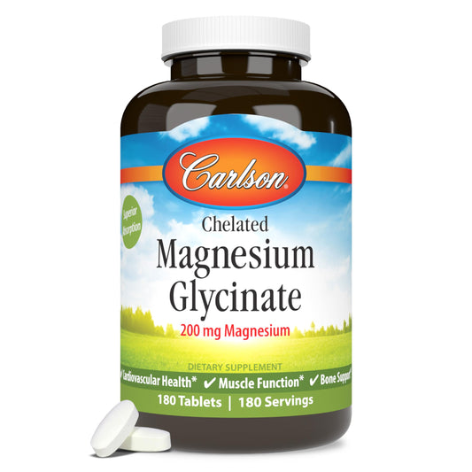 Front view of Carlson Chelated Magnesium 200mg 180 tablets bottle