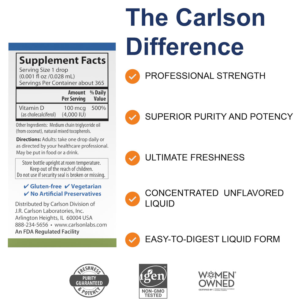 Unflavored Carlson D3 liquid bottle displayed
