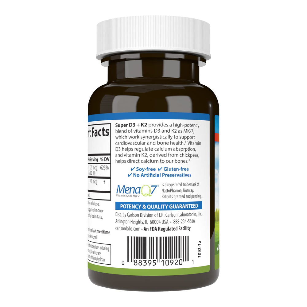 Label showing 125 mcg D3 and 90 mcg K2 MK-7