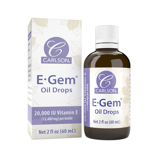 Carlson E-Gem Oil Drops bottle with 2 oz size and label