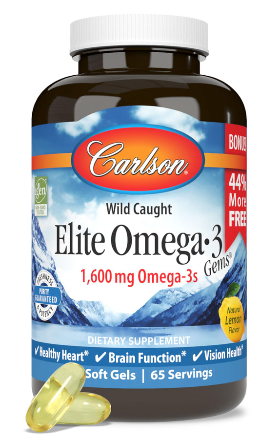 Carlson Elite Omega-3 Gems bottle with lemon-flavored softgels